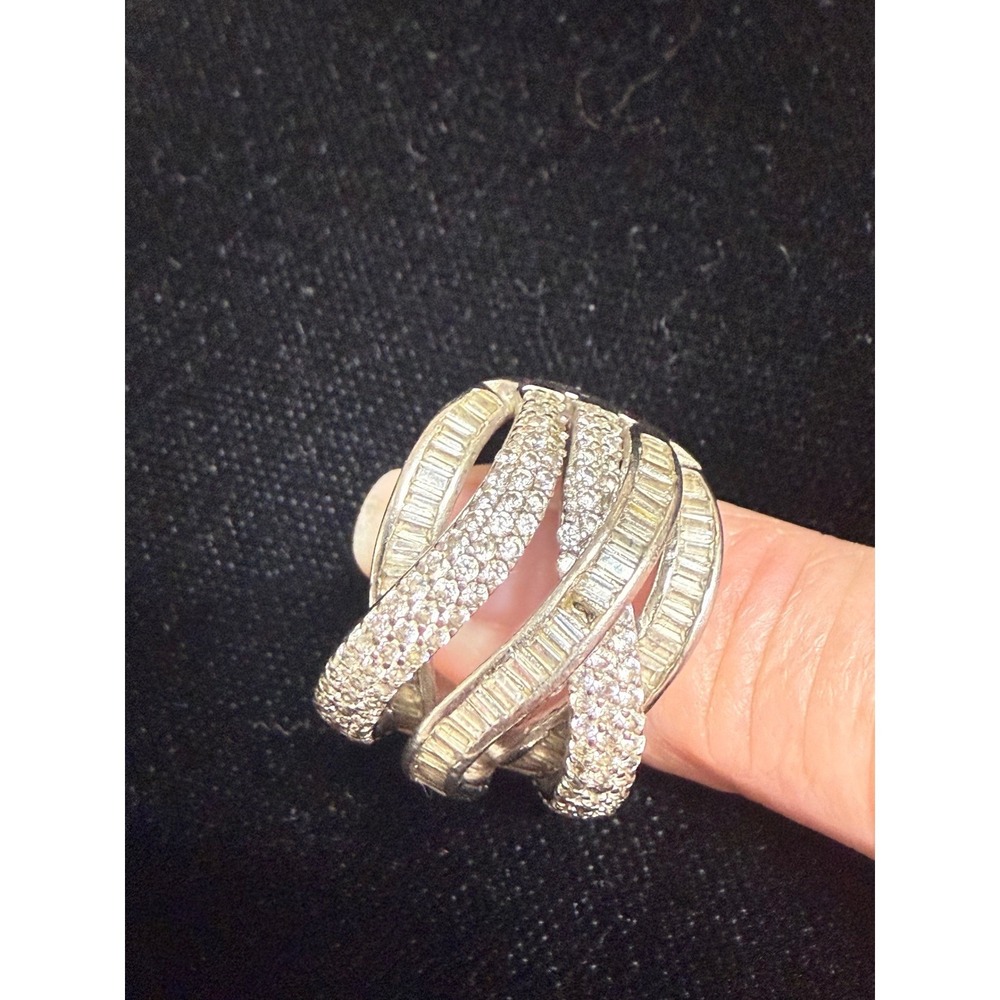 925 Statement Ring Silver Good Crossover Baguette CZ Size 7/8??? Missing 1 Stone